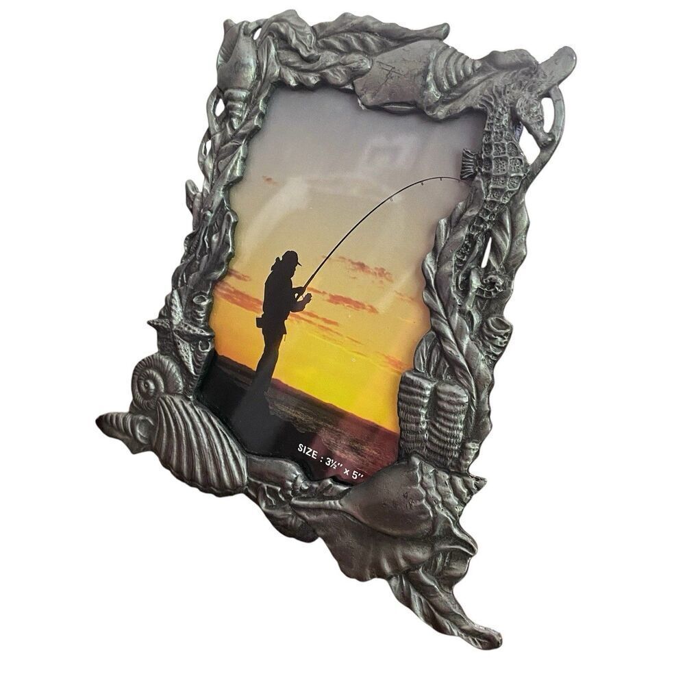 Seashell Pewter Picture Frame Seahorse Starfish Photo Vintage Holds 3.5x5
